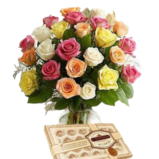 25 colorful roses with chokolates